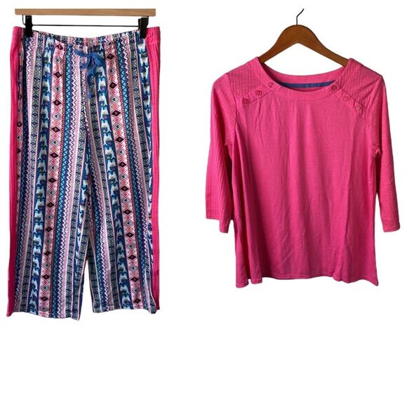 Cuddl Duds Pajama Set of 2 Short Sleeve Top Capri Cropped Geo Print Bottom Pant - Picture 1 of 15